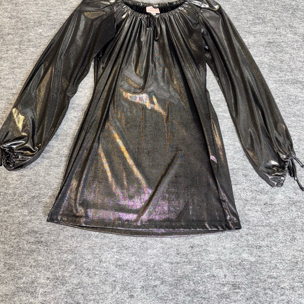 Elegant Black Long Sleeve Metallic Shimmery Mini Dress